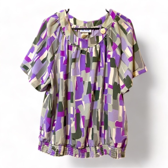 Blair Tops - Blair Color Block Blouse (Purple, Olive & Taupe Green) - L